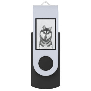 Siberian Husky (Black and White) Painting Dog Art Flash Drive
