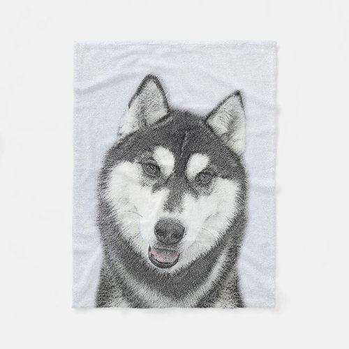 Siberian Husky Black and White Painting Dog Art Fleece Blanket