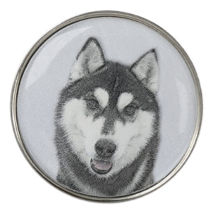 Siberian Husky (Black and White) Painting Dog Art Golf Ball Marker
