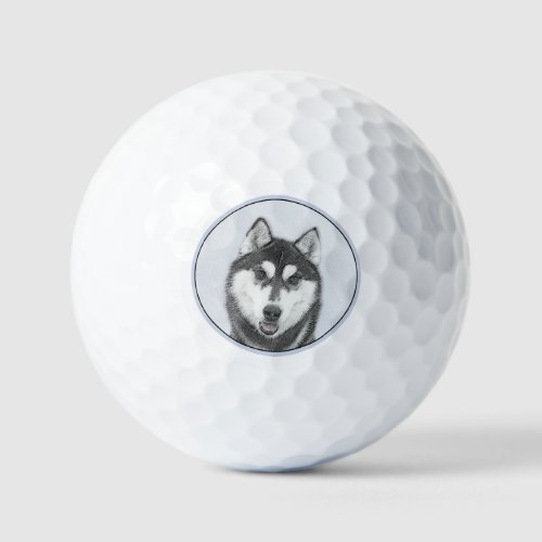 Siberian Husky Black and White Painting Dog Art Golf Balls