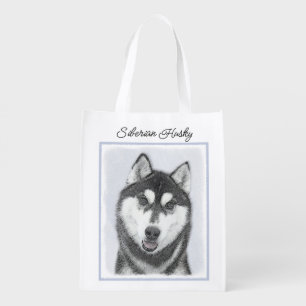 Siberian Husky (Black and White) Painting Dog Art Grocery Bag
