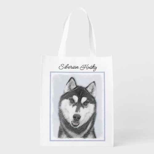 Siberian Husky Black and White Painting Dog Art  Grocery Bag