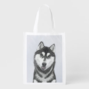 Siberian Husky (Black and White) Painting Dog Art Grocery Bag