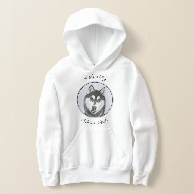 Siberian Husky (Black and White) Painting Dog Art Hoodie (Laydown)
