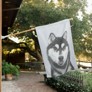 Siberian Husky (Black and White) Painting Dog Art House Flag
