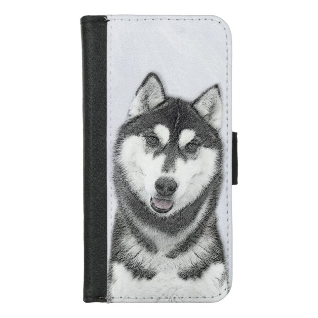 Siberian Husky (Black and White) Painting Dog Art iPhone Wallet Case (Front)