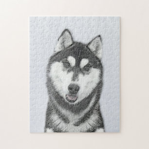 Siberian Husky (Black and White) Painting Dog Art Jigsaw Puzzle