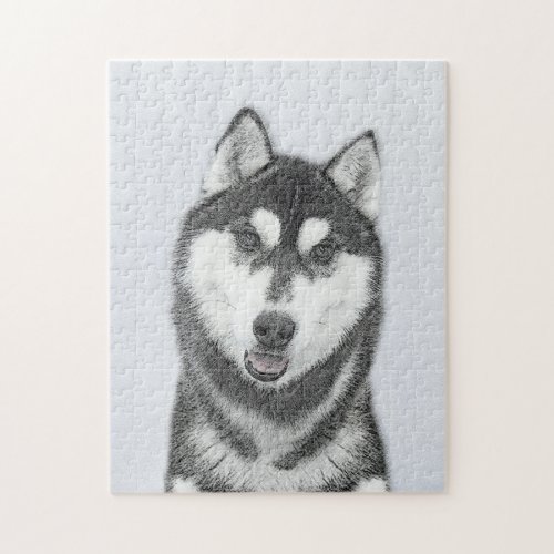 Siberian Husky Black and White Painting Dog Art Jigsaw Puzzle