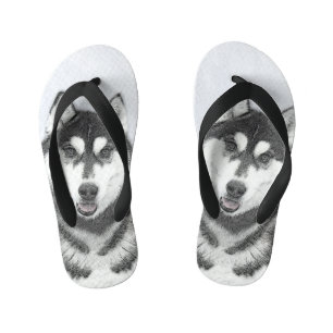 Siberian Husky (Black and White) Painting Dog Art Kid's Flip Flops