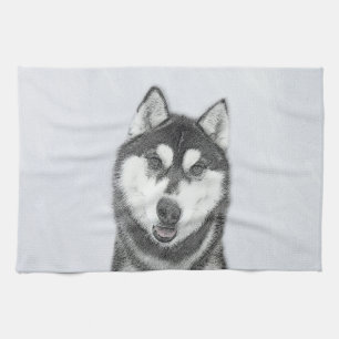 Siberian Husky (Black and White) Painting Dog Art Kitchen Towel
