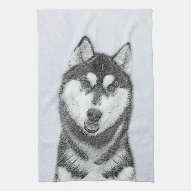 Siberian Husky (Black and White) Painting Dog Art Kitchen Towel (Vertical)