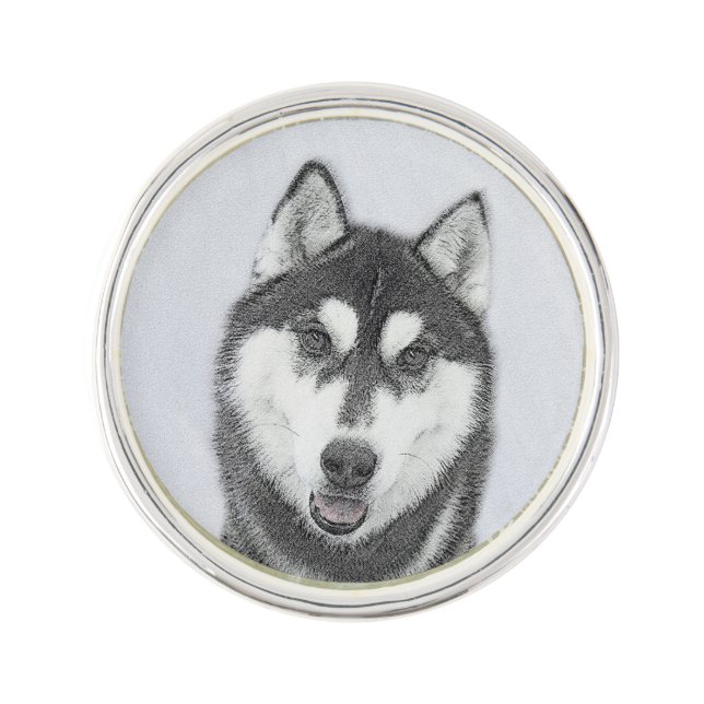 Siberian Husky (Black and White) Painting Dog Art Lapel Pin (Front)