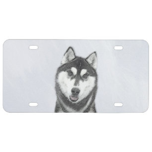 Siberian Husky (Black and White) Painting Dog Art License Plate