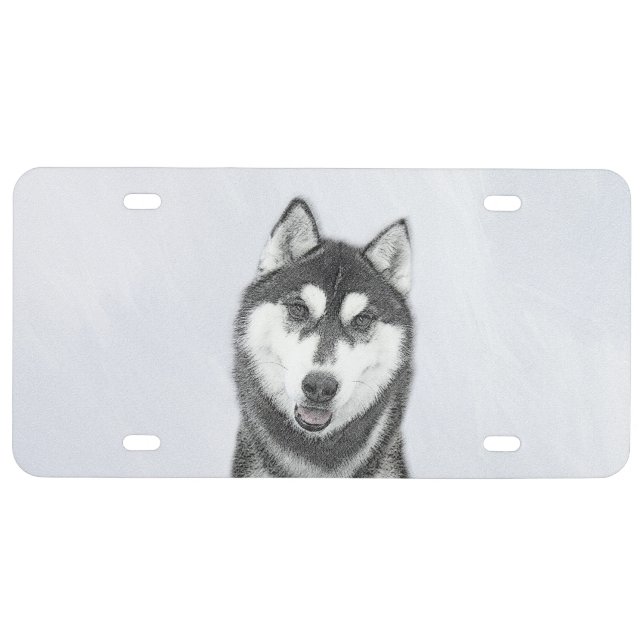 Siberian Husky (Black and White) Painting Dog Art License Plate (Front)