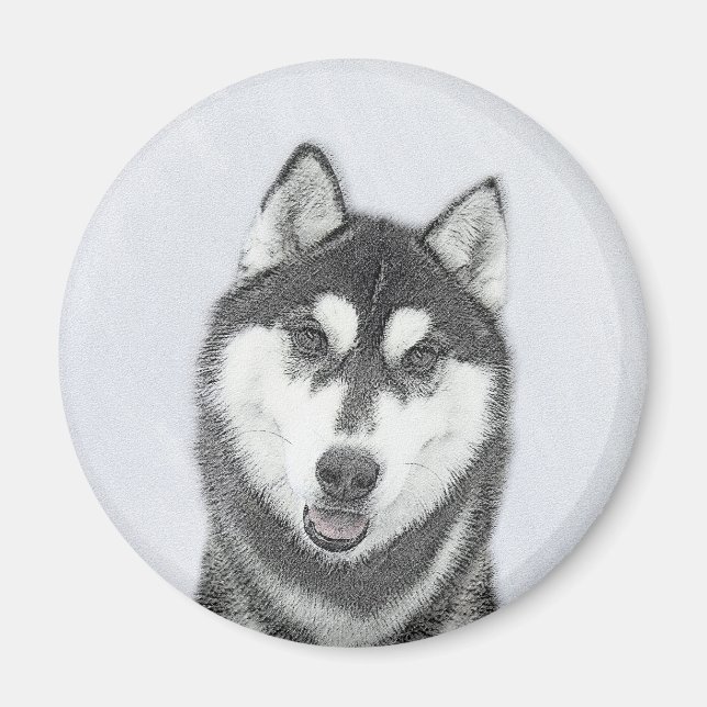 Siberian Husky (Black and White) Painting Dog Art Magnet (Front)