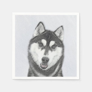Siberian Husky (Black and White) Painting Dog Art Napkins