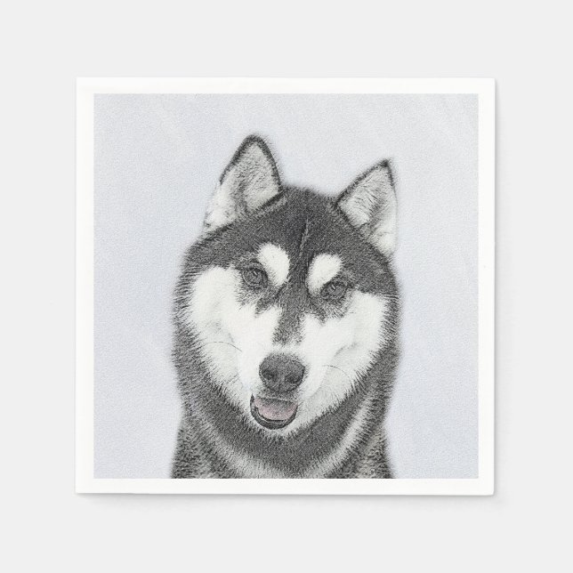 Siberian Husky (Black and White) Painting Dog Art Napkins (Front)