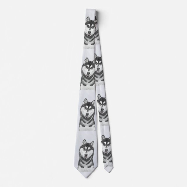 Siberian Husky (Black and White) Painting Dog Art Neck Tie (Front)