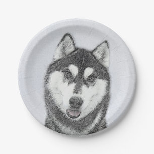 Siberian Husky (Black and White) Painting Dog Art Paper Plates