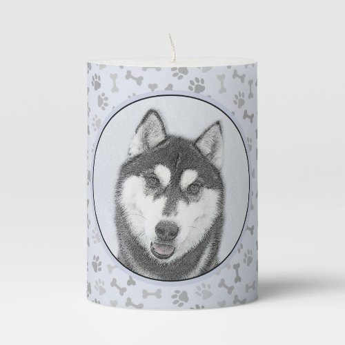Siberian Husky Black and White Painting Dog Art Pillar Candle