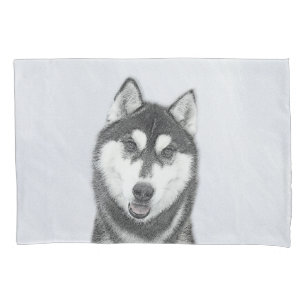 Siberian Husky (Black and White) Painting Dog Art Pillow Case