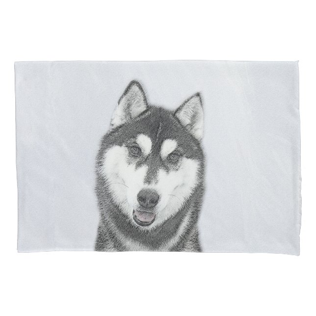Siberian Husky (Black and White) Painting Dog Art Pillow Case (Front)