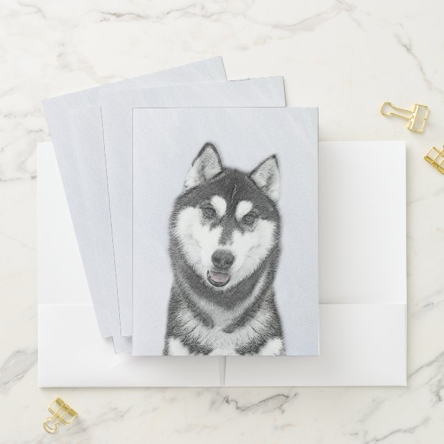 Siberian Husky (Black and White) Painting Dog Art Pocket Folder (In Situ)