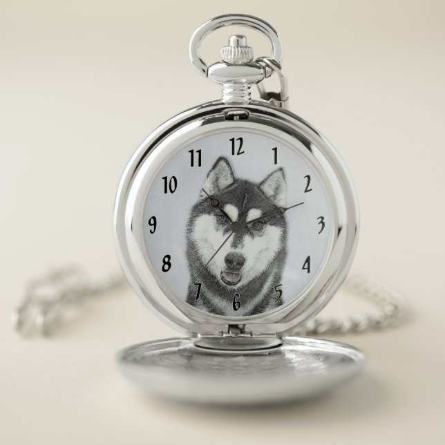 Siberian Husky (Black and White) Painting Dog Art Pocket Watch (Inside)