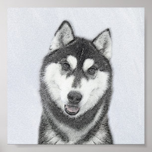 Siberian Husky (Black and White) Painting Dog Art Poster