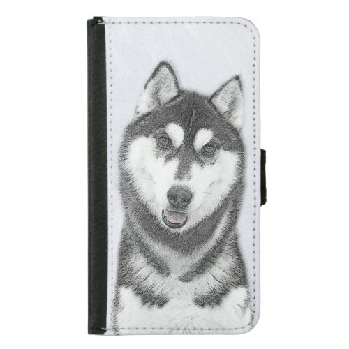 Siberian Husky Black and White Painting Dog Art Samsung Galaxy S5 Wallet Case