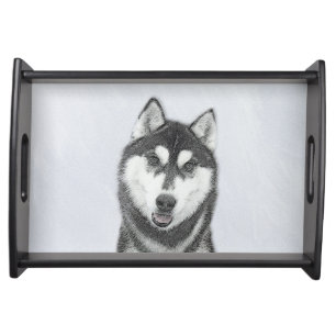 Siberian Husky (Black and White) Painting Dog Art Serving Tray