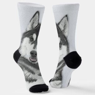 Siberian Husky (Black and White) Painting Dog Art Socks