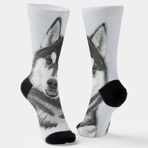 Siberian Husky Black and White Painting Dog Art Socks