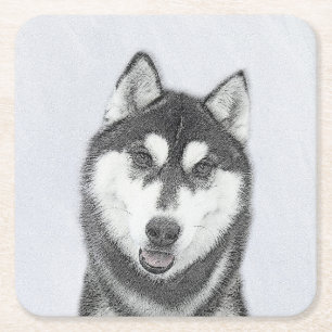 Siberian Husky (Black and White) Painting Dog Art Square Paper Coaster