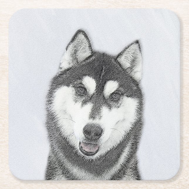 Siberian Husky (Black and White) Painting Dog Art Square Paper Coaster (Front)