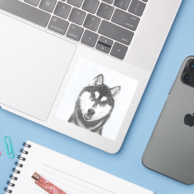 Siberian Husky (Black and White) Painting Dog Art Sticker (Laptop w/ iPhone)