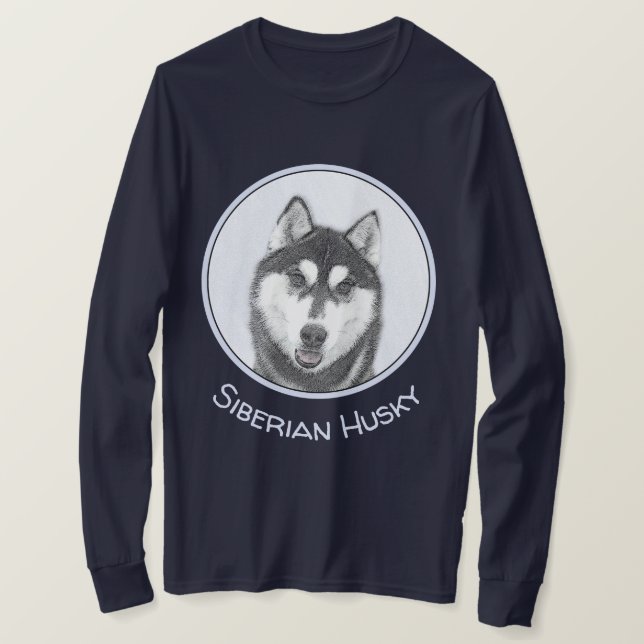 Siberian Husky (Black and White) Painting Dog Art T-Shirt (Design Front)