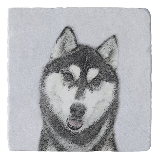 Siberian Husky (Black and White) Painting Dog Art Trivet (Front)