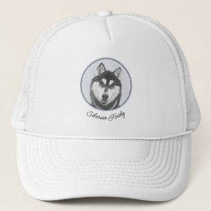 Siberian Husky (Black and White) Painting Dog Art Trucker Hat