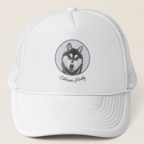 Siberian Husky Black and White Painting Dog Art Trucker Hat