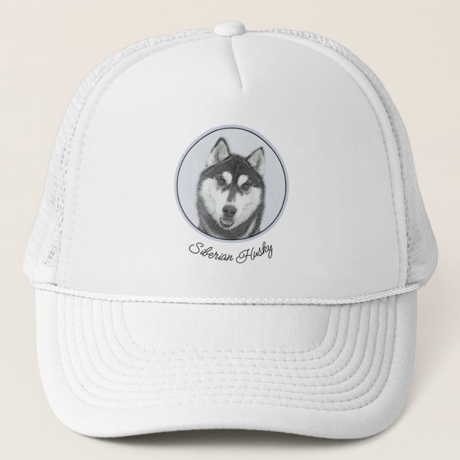 Siberian Husky (Black and White) Painting Dog Art Trucker Hat (Front)