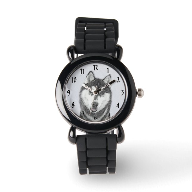 Siberian Husky (Black and White) Painting Dog Art Watch (Front)