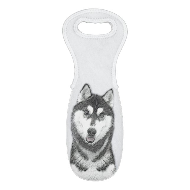 Siberian Husky (Black and White) Painting Dog Art Wine Bag (Front Flat)
