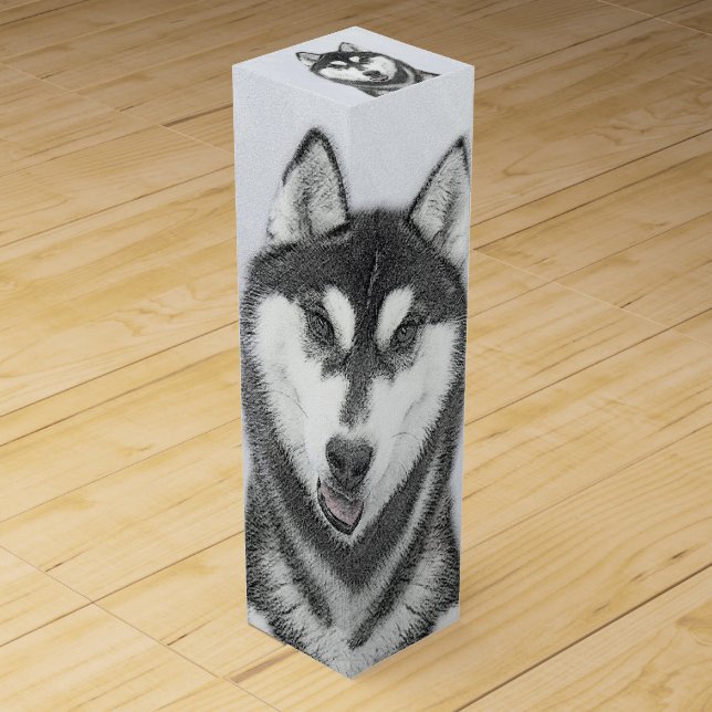 Siberian Husky (Black and White) Painting Dog Art Wine Box (Front)