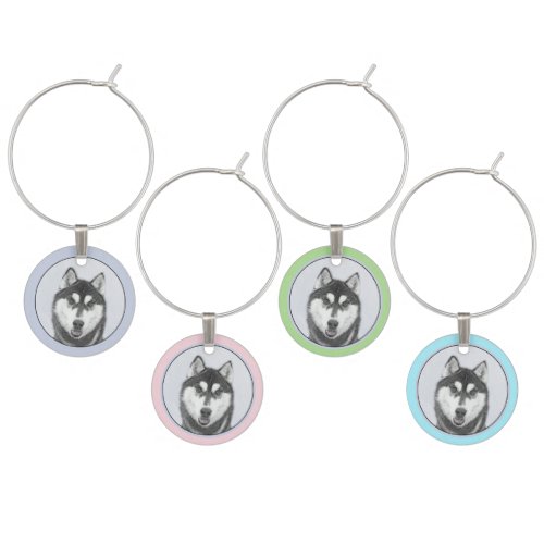 Siberian Husky Black and White Painting Dog Art Wine Charm