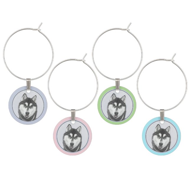 Siberian Husky (Black and White) Painting Dog Art Wine Charm (Staggered)