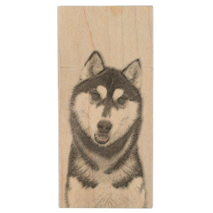 Siberian Husky (Black and White) Painting Dog Art Wood Flash Drive