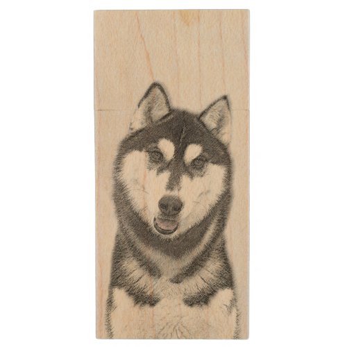 Siberian Husky Black and White Painting Dog Art Wood Flash Drive