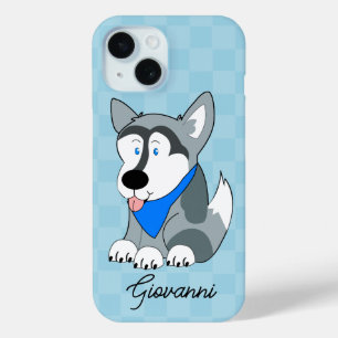 Siberian Husky Blue Checkered Personalized Dog iPhone 15 Case