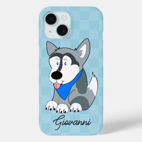 Siberian Husky Blue Checkered Personalized Dog iPhone 15 Case